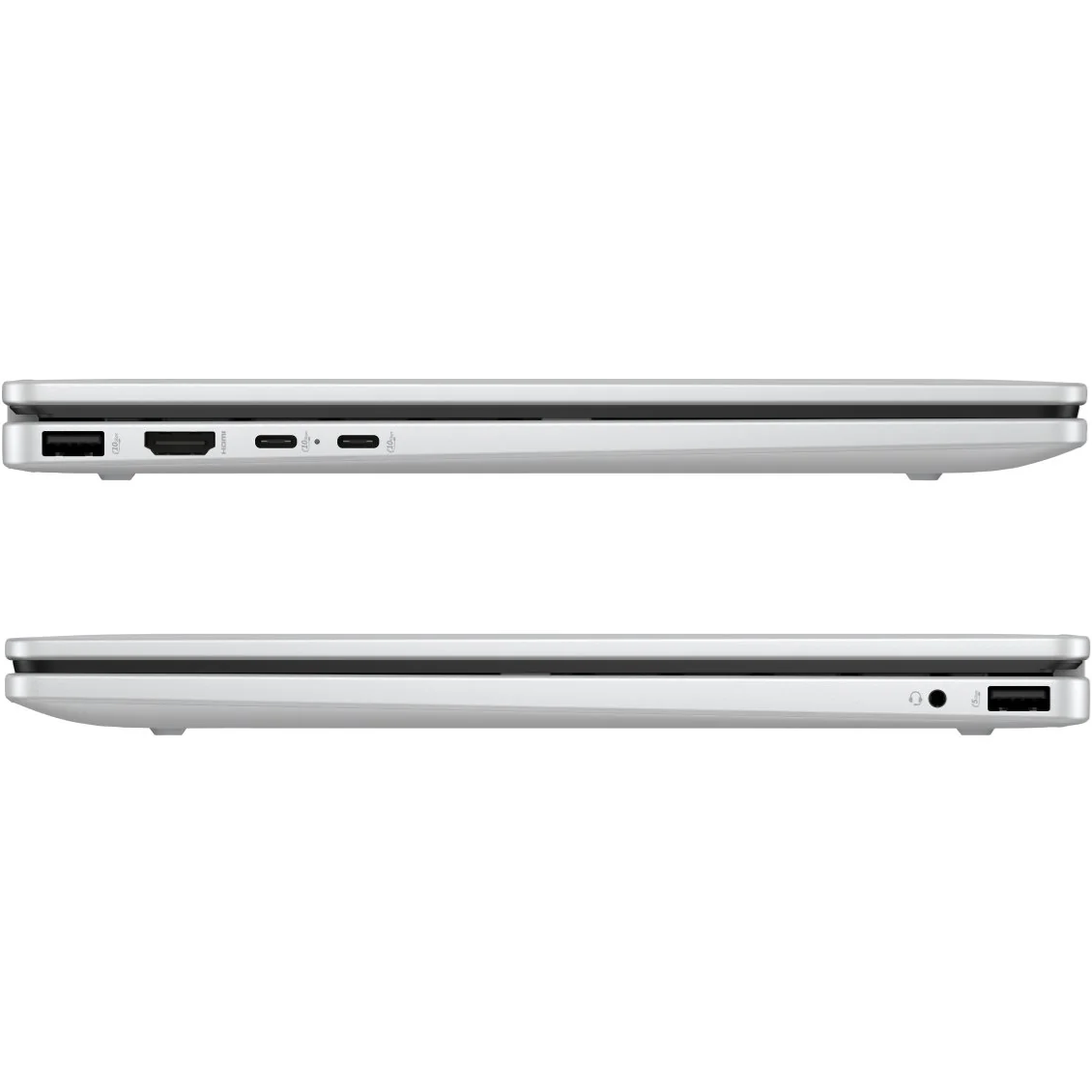 Dual profile views showing the right side port layout (USB Type-A, HDMI, and two USB Type-C ports) above the left side layout (audio combo jack and USB Type-A port).