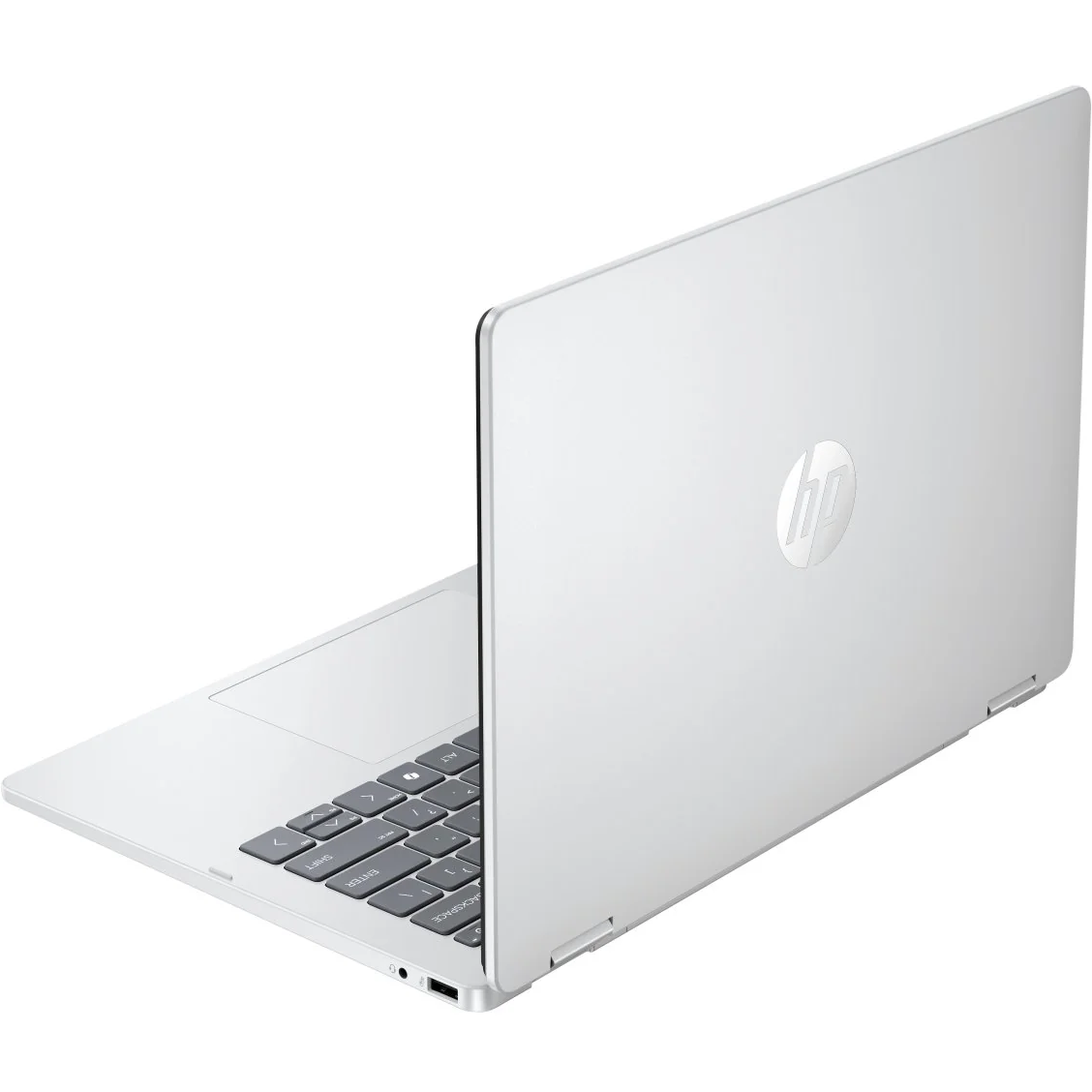 Rear-angled view of the open silver HP OmniBook x360 14-ap0xxx displaying the metallic chassis lid and central silver HP logo.