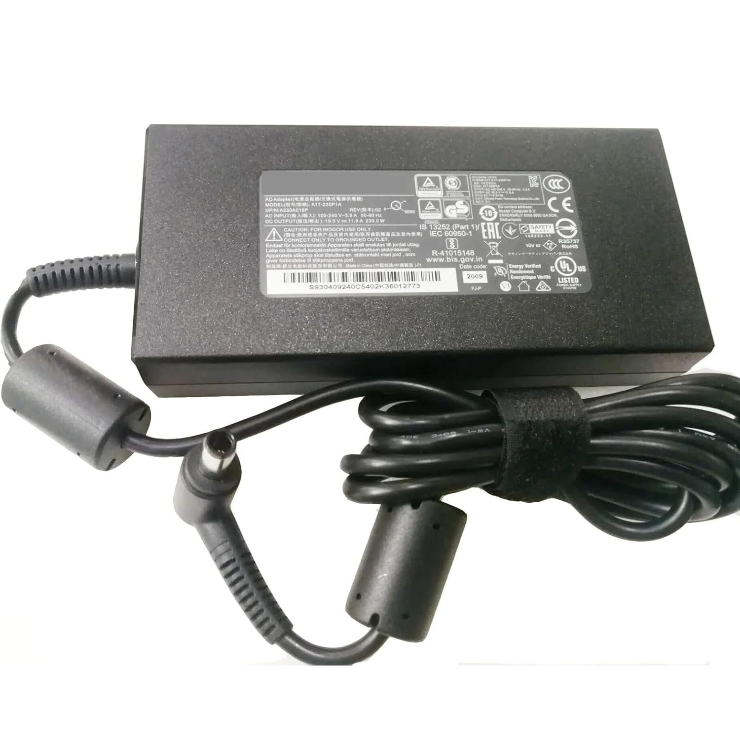 Underside view of the Chicony 230W power brick, displaying the specification label with output ratings of 19.5V and 11.8A, model number A17-230P1A / A230A016P, safety certification marks, and the attached DC output cable with dual ferrite beads and a right-angled barrel connector secured with a hook-and-loop strap.