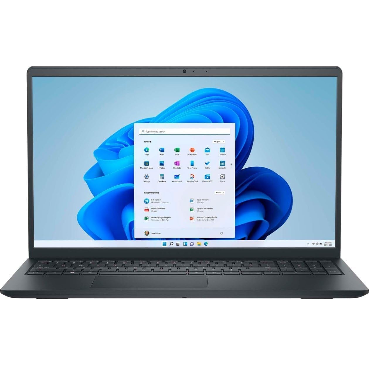 Front-facing open view of the Dell Inspiron 15 3535 running Windows 11 with the Start menu open on its 15.6-inch display.