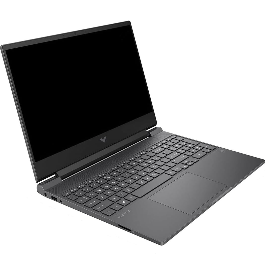 Front-left angled view of the open HP Victus 15-FA200 laptop displaying its keyboard deck, trackpad, and dark matte display bezel.