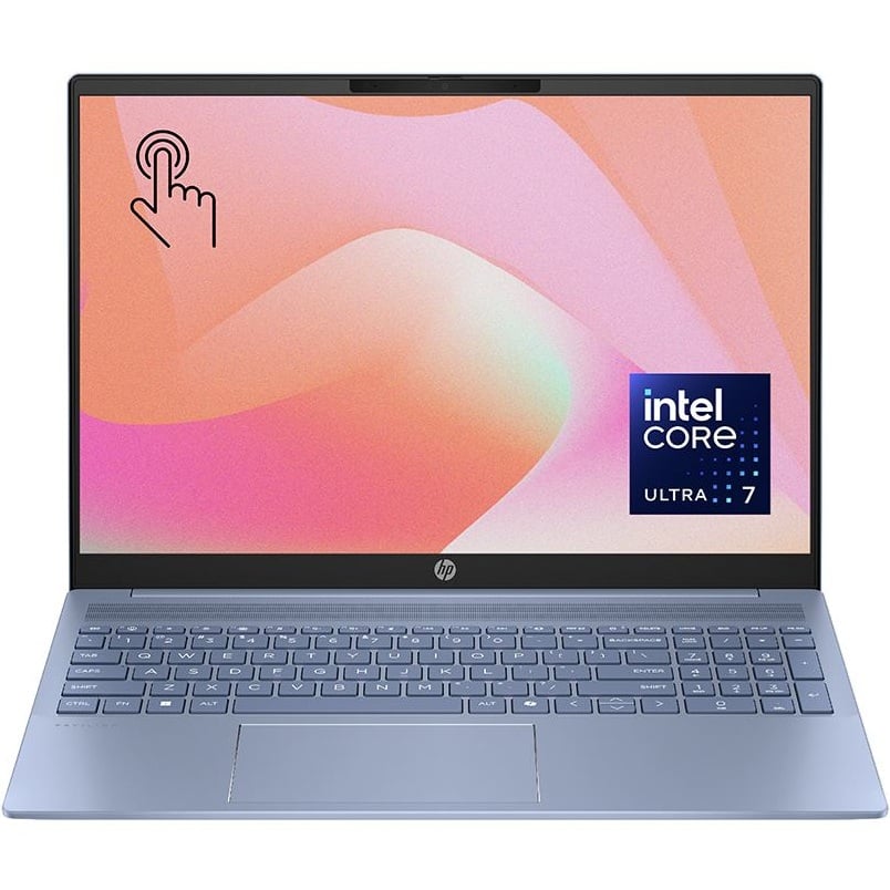 Front-facing view of the open HP Pavilion 16 laptop displaying the 15.6-inch display, webcam, and full keyboard with a numeric keypad.