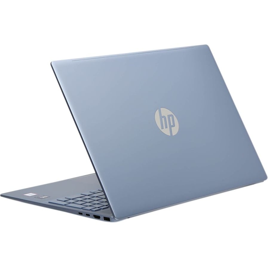 Rear-left angled view of the closed powder pink HP Pavilion 16 laptop featuring the black 'V' logo on the lid and rear ventilation ports.