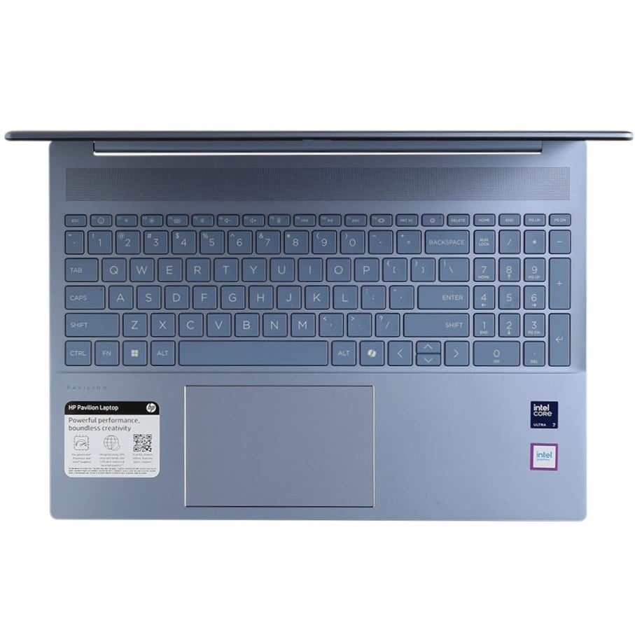 Top-down open view of the HP Pavilion 16 laptop showing the full keyboard with a numeric keypad, trackpad, and the 16-inch WUXGA screen.