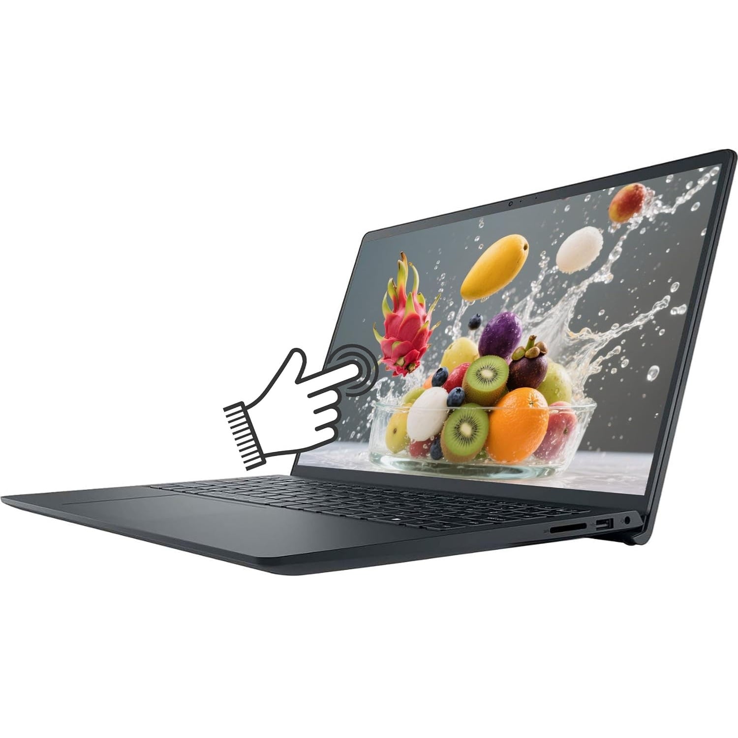 Dell Inspiron 15 3535 laptop angled open on a white surface with a hand icon interacting with its 15.6-inch FHD touchscreen displaying a vibrant fruit bowl and water splash image.