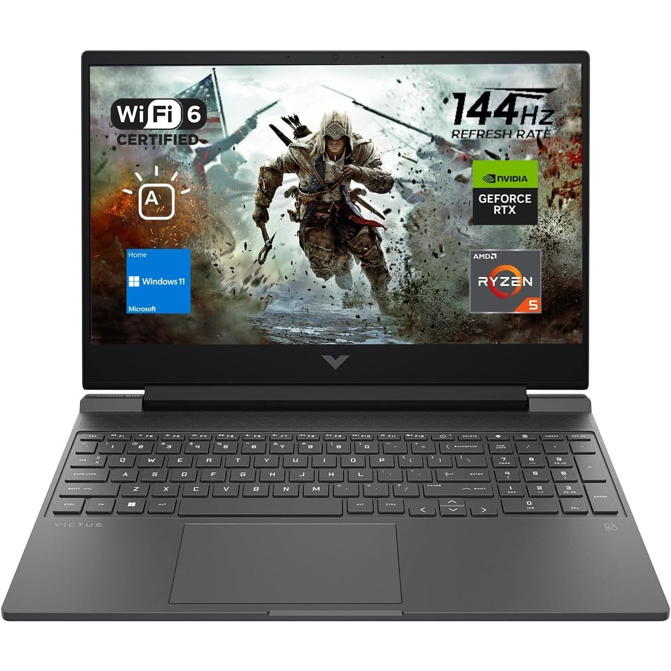 Direct front-facing view of the open HP Victus 15-FA200 gaming laptop displaying an action video game graphic on its 15.6-inch 144Hz FHD screen, accompanied by feature badges for Wi-Fi 6, NVIDIA GeForce RTX, and AMD Ryzen.
