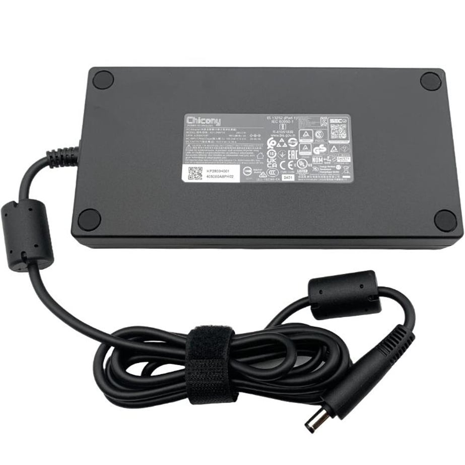 Underside view of the Chicony 280W power adapter, displaying the technical specification label with 19.5V and 14.36A output ratings, model number A280A010P, alongside the attached DC output cable with dual ferrite beads and a barrel connector secured by a hook-and-loop strap.