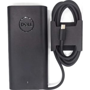 Top view of the matte black Dell 165W USB-C AC power adapter brick featuring the circular embossed Dell logo, power status LED indicator light, and attached USB Type-C cable secured with paper packaging sleeve.