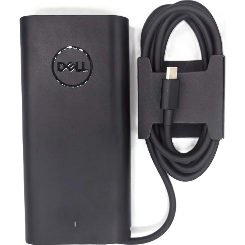 Top view of the matte black Dell 165W USB-C AC power adapter brick featuring the circular embossed Dell logo, power status LED indicator light, and attached USB Type-C cable secured with paper packaging sleeve.