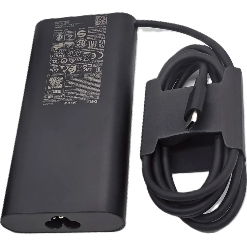 Underside specification label view of the black Dell 165W USB-C AC power adapter (Model: DA165PM210) displaying technical output details up to 28V/5.893A, C6 cloverleaf AC inlet port, regulatory compliance marks, and bundled coiled USB Type-C cable.