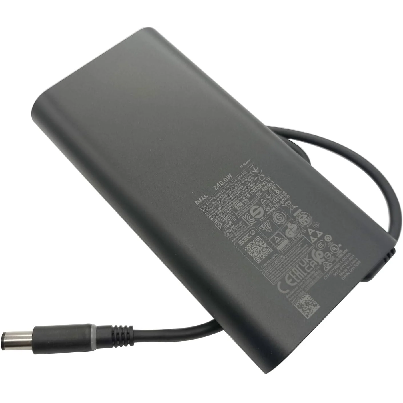Bottom specification view of the black Alienware / Dell 240W AC power adapter (Model: LA240PM200) displaying 19.5V/12.31A output ratings, regulatory safety symbols, and DP/N 0DYR68 markings beside its DC cable with a 7.4x5.0mm barrel connector.