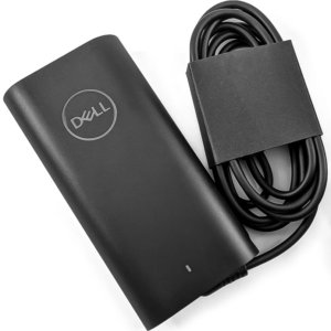 Top perspective view of the matte black Dell 100W USB-C power adapter brick featuring the circular embossed Dell logo casing, integrated power status LED indicator, and bundled Type-C output cable.