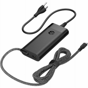 Angled perspective view of the black HP 110W USB-C AC power adapter (Model: M52950-001) featuring an attached AC power cord with a 2-prong plug, a coiled grey braided USB Type-C cable, and a compact power brick housing an auxiliary USB Type-A port.