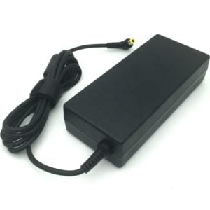 Adapter Charger Lenovo 19.5V 6.15A 120W 5.5x2.5mm 41A9732 angled top perspective view of the matte black AC power adapter brick showcasing its clean rectangular housing design, integrated strain reliefs, and coiled DC output cord secured with a hook-and-loop strap featuring a yellow-ringed barrel tip.