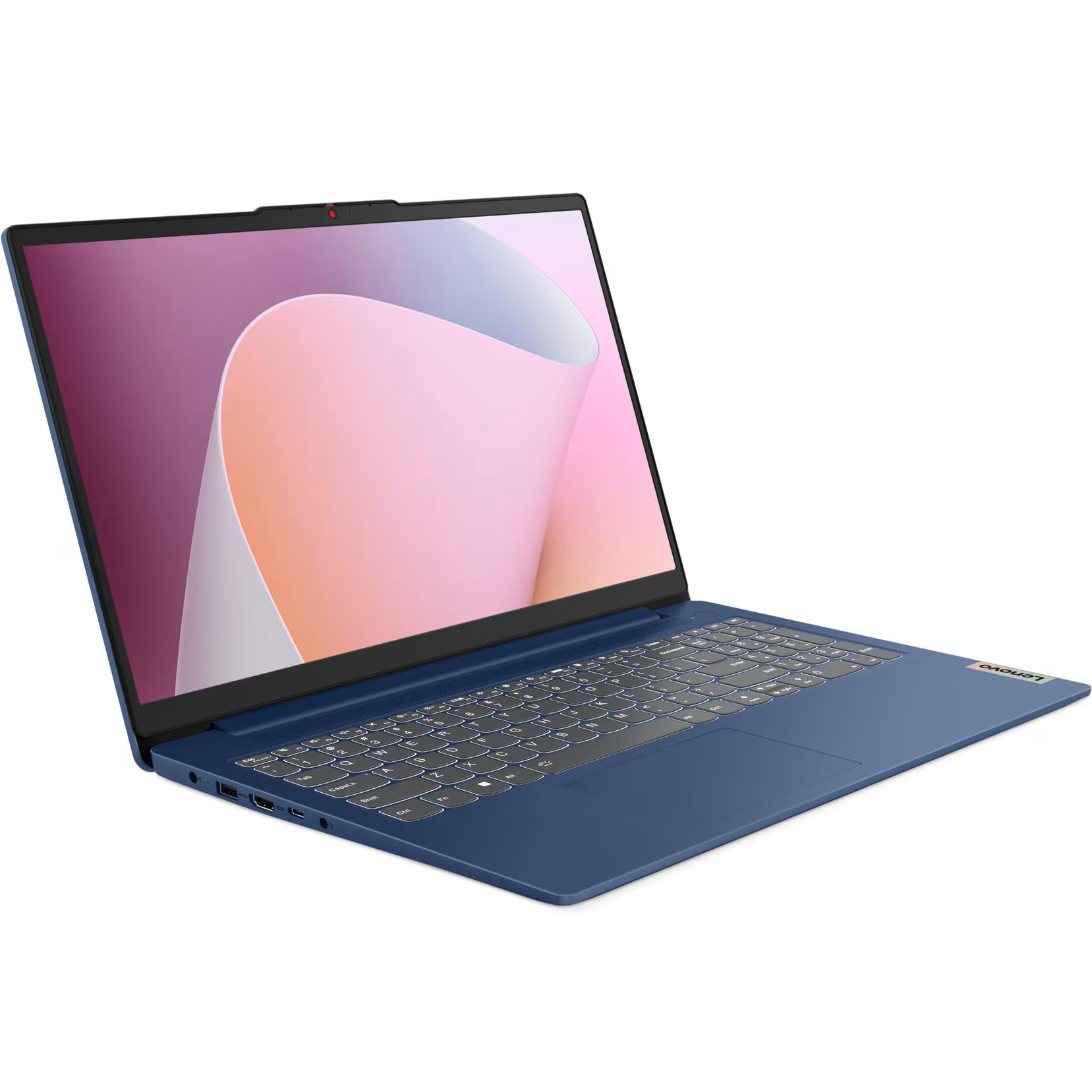 Front-right angled view of the open blue Lenovo Slim 3 15AMN8 laptop displaying its 15.6-inch FHD display with a webcam privacy shutter and full keyboard layout.