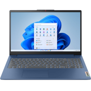 Direct front-facing view of the open abyss blue Lenovo IdeaPad Slim 3 15AMN8 laptop displaying its 15.6-inch Full HD screen running Windows 11 with the Start Menu open, top camera shutter, full keyboard deck with number pad, and wide touchpad.