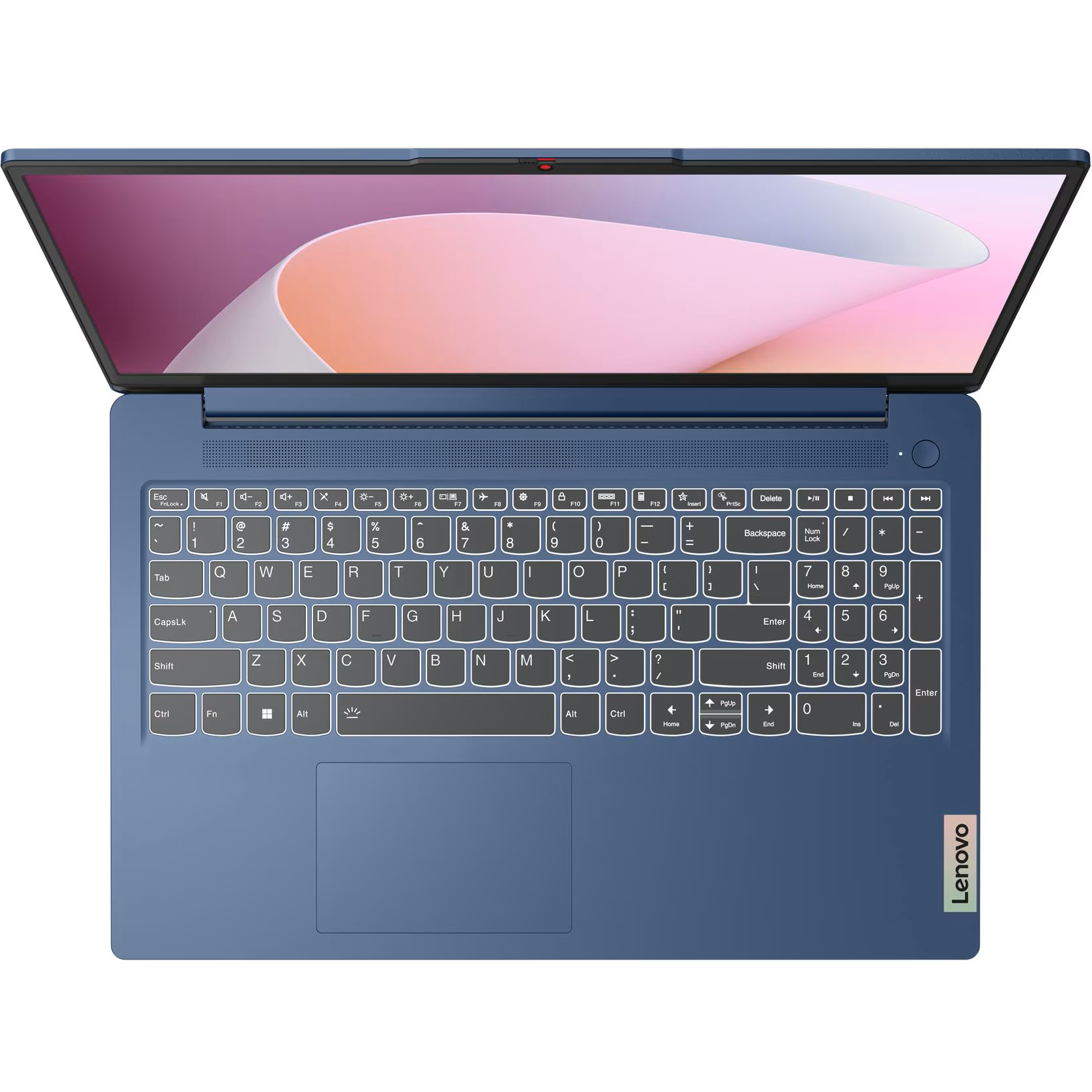 Top-down perspective of the open blue Lenovo Slim 3 15AMN8 laptop featuring its full-sized keyboard with a numeric keypad and centered touchpad.