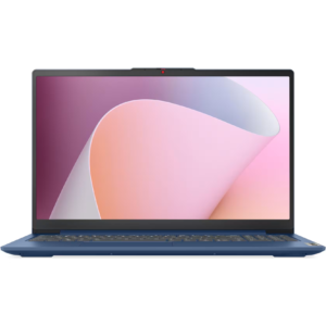 Direct front-facing view of the open blue Lenovo Slim 3 15AMN8 laptop running Windows 11 on its 15.6-inch screen.