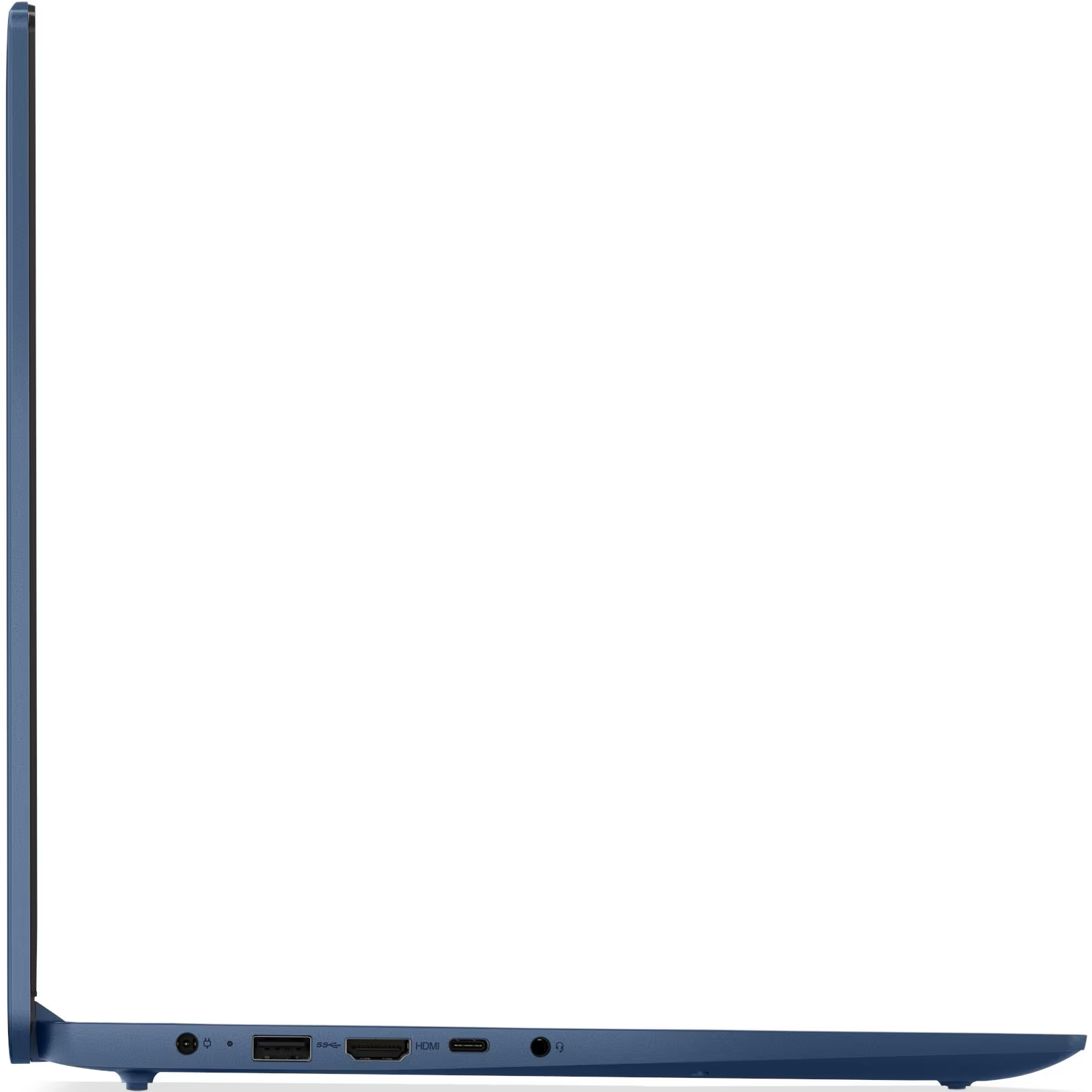Left profile view of the blue Lenovo Slim 3 15AMN8 laptop highlighting its power input port, USB Type-A port, HDMI output port, USB Type-C port, and headphone/microphone combo jack.