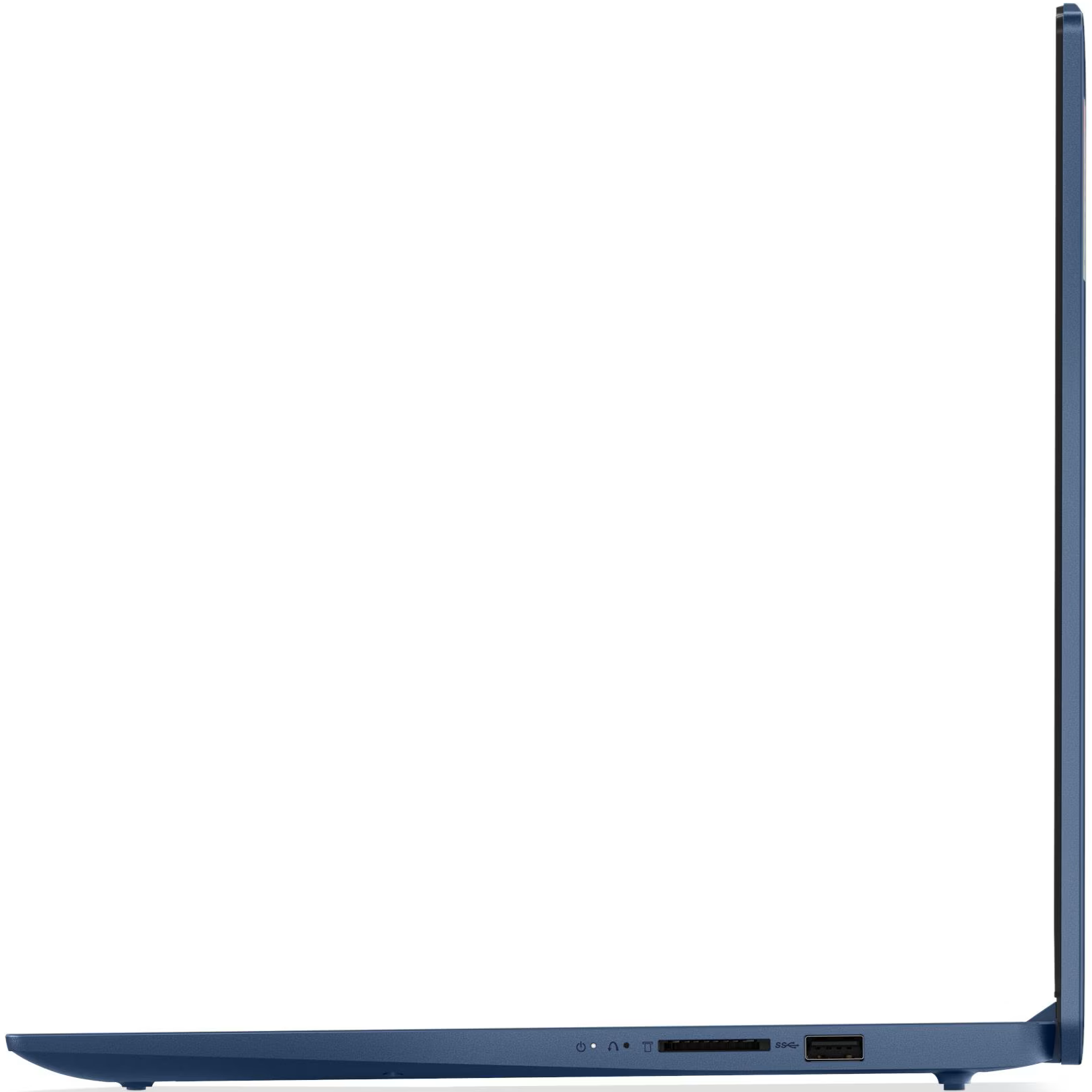 Right profile view of the blue Lenovo Slim 3 15AMN8 laptop showing the SD card reader slot and a USB Type-A port.