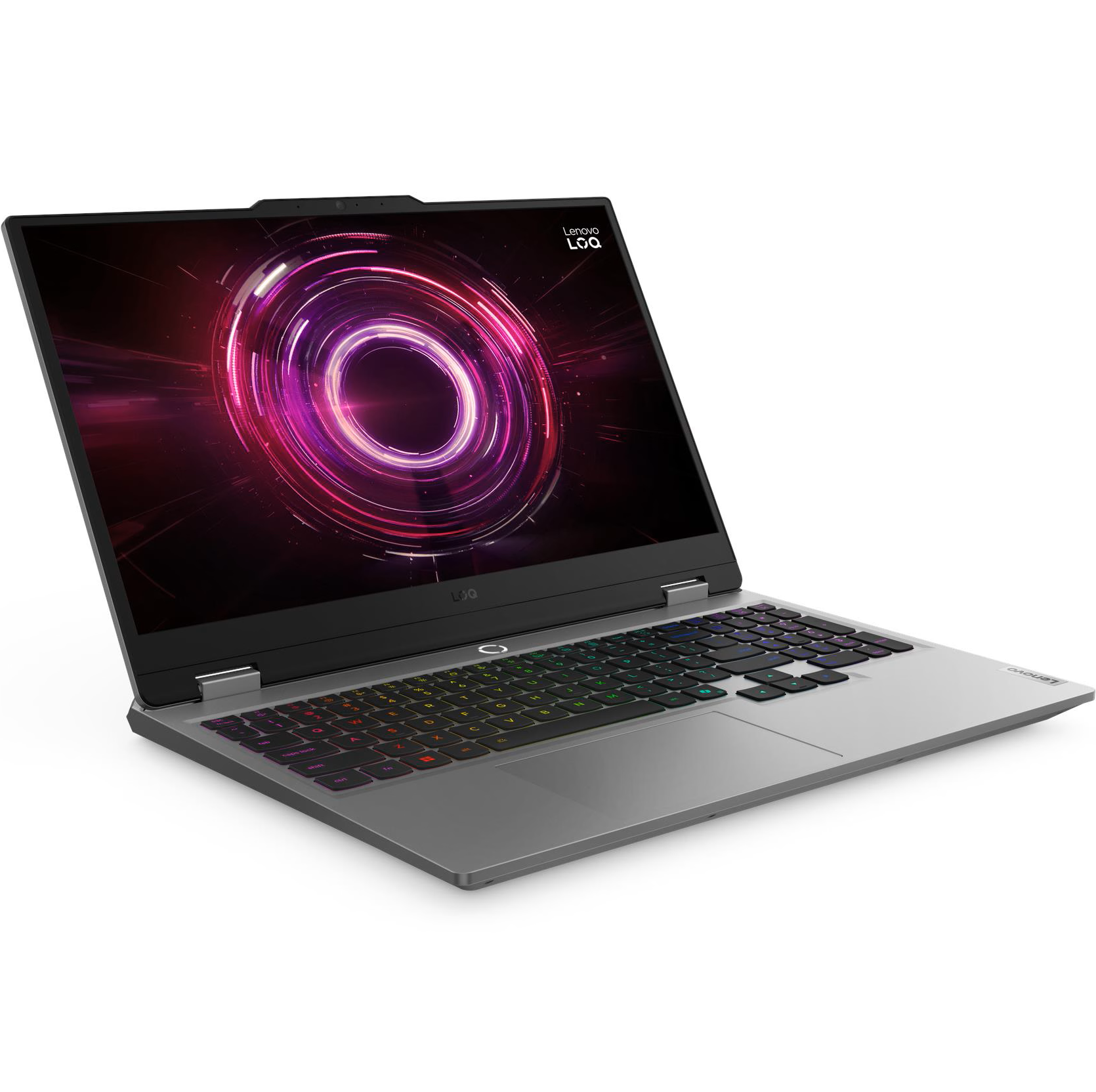 Front-right angled view of the open Lenovo LOQ 15AHP10 laptop showcasing its stylish grey design and 15.6-inch FHD 144Hz display.