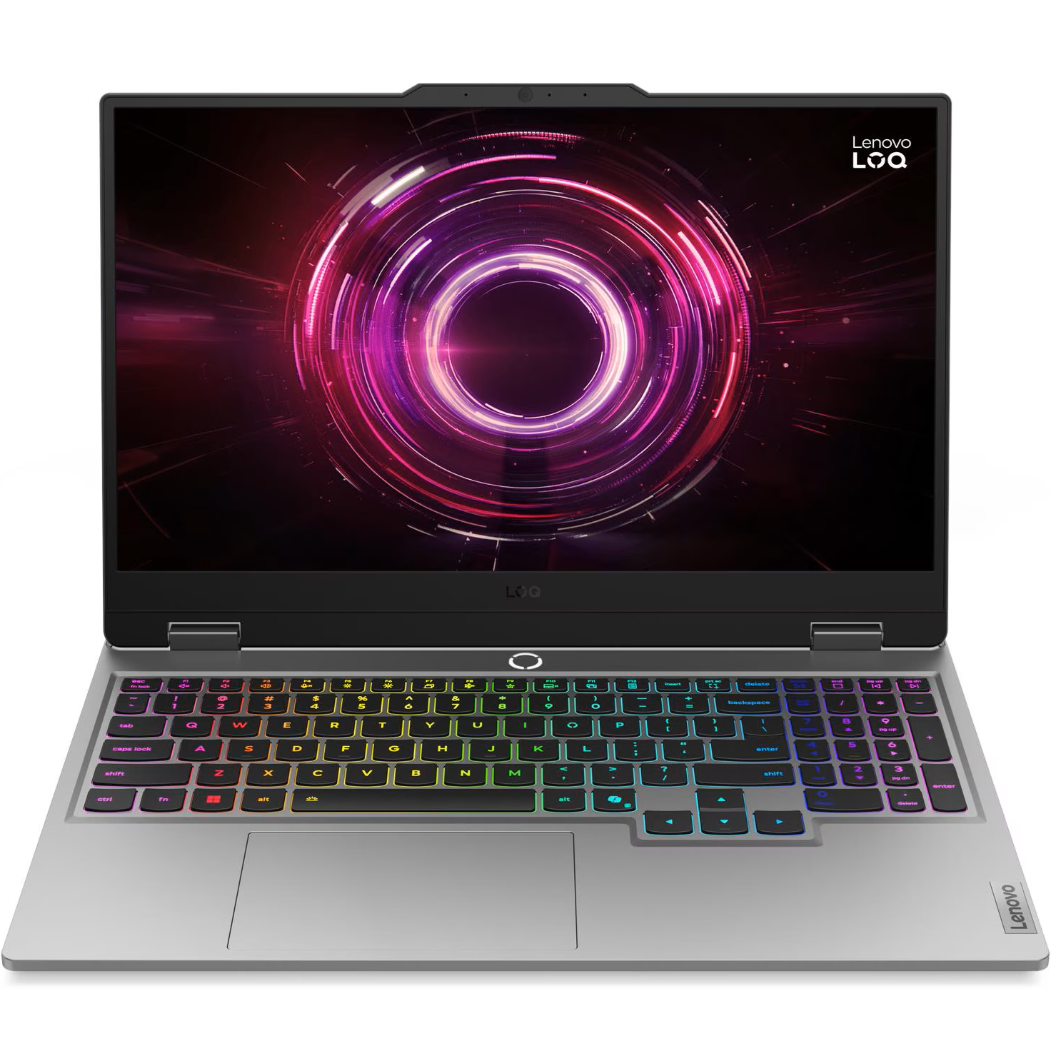 Direct front-facing view of the open Lenovo LOQ 15AHP10 laptop running Windows 11 with a striking abstract pink and purple swirling vortex wallpaper on its 144Hz screen.
