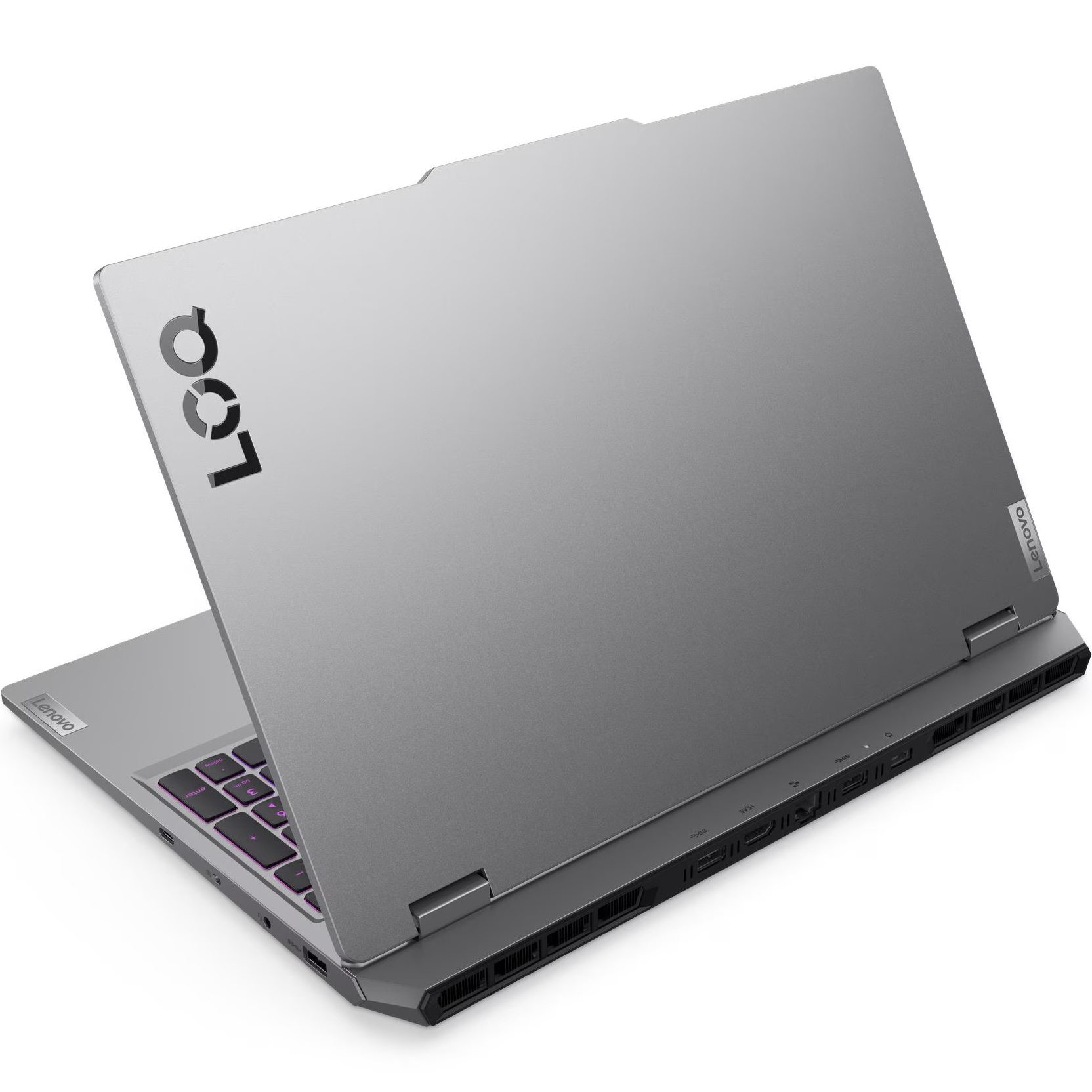 Rear-angled view of the closed grey Lenovo LOQ 15AHP10 gaming laptop highlighting the 'LOQ' logo on the lid, rear I/O port layout, and extended cooling shelf.