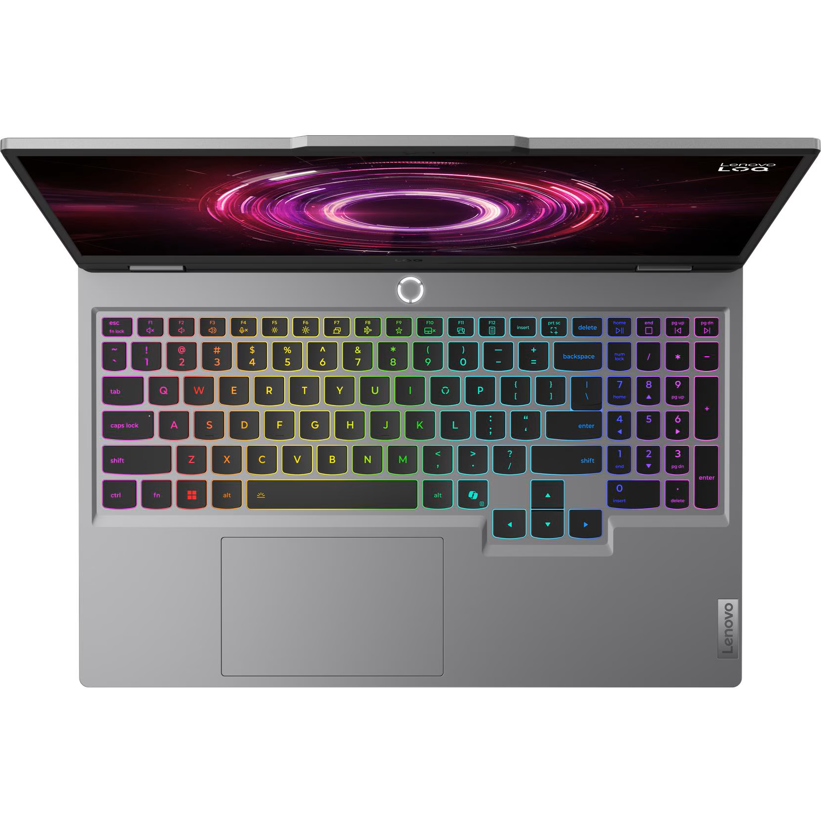 Top-down perspective of the open Lenovo LOQ 15AHP10 gaming laptop displaying its RGB backlit keyboard with a numeric keypad and centered trackpad.