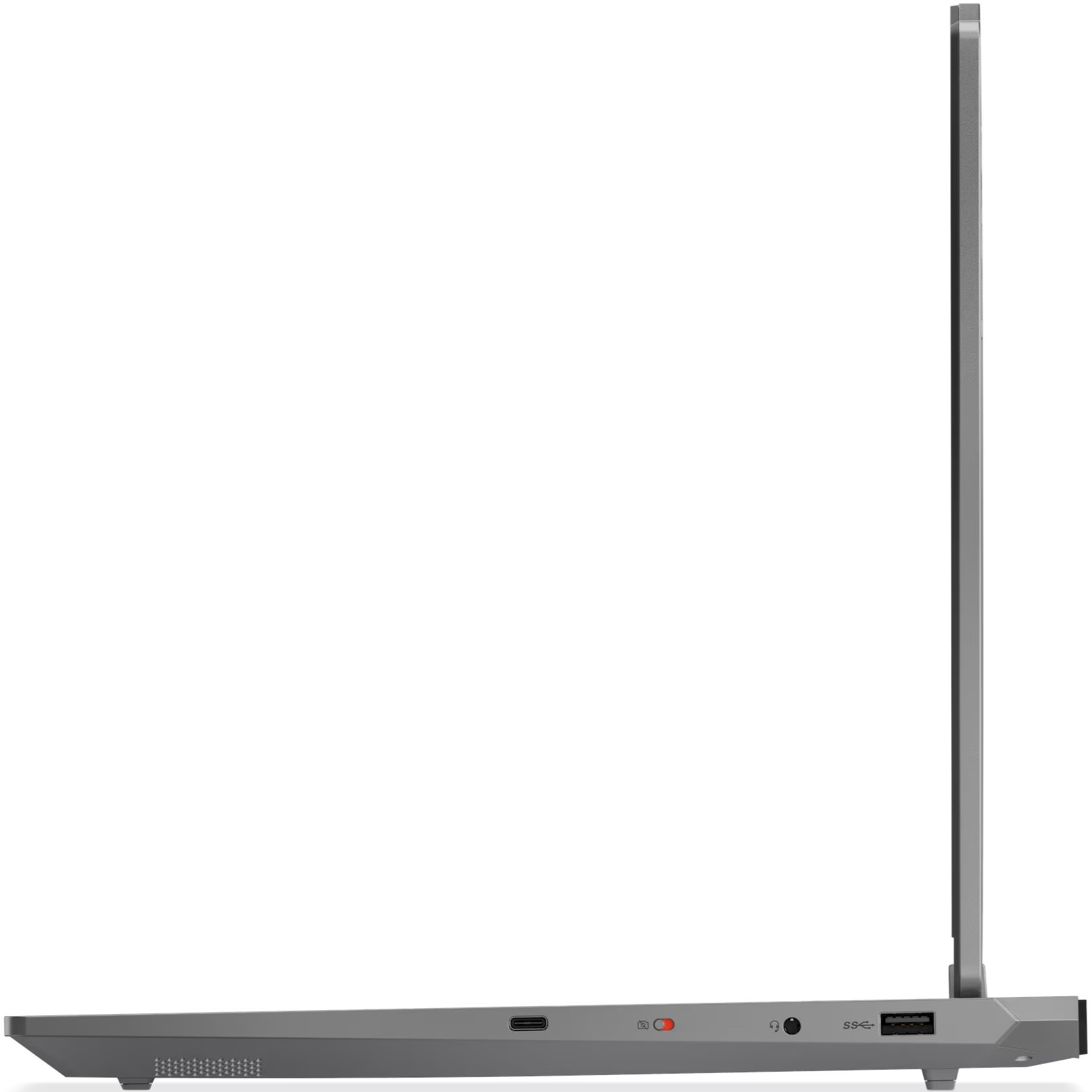 Left profile view of the grey Lenovo LOQ 15AHP10 gaming laptop featuring a USB Type-C port, camera privacy shutter switch, headphone/microphone combo jack, and a USB Type-A port.