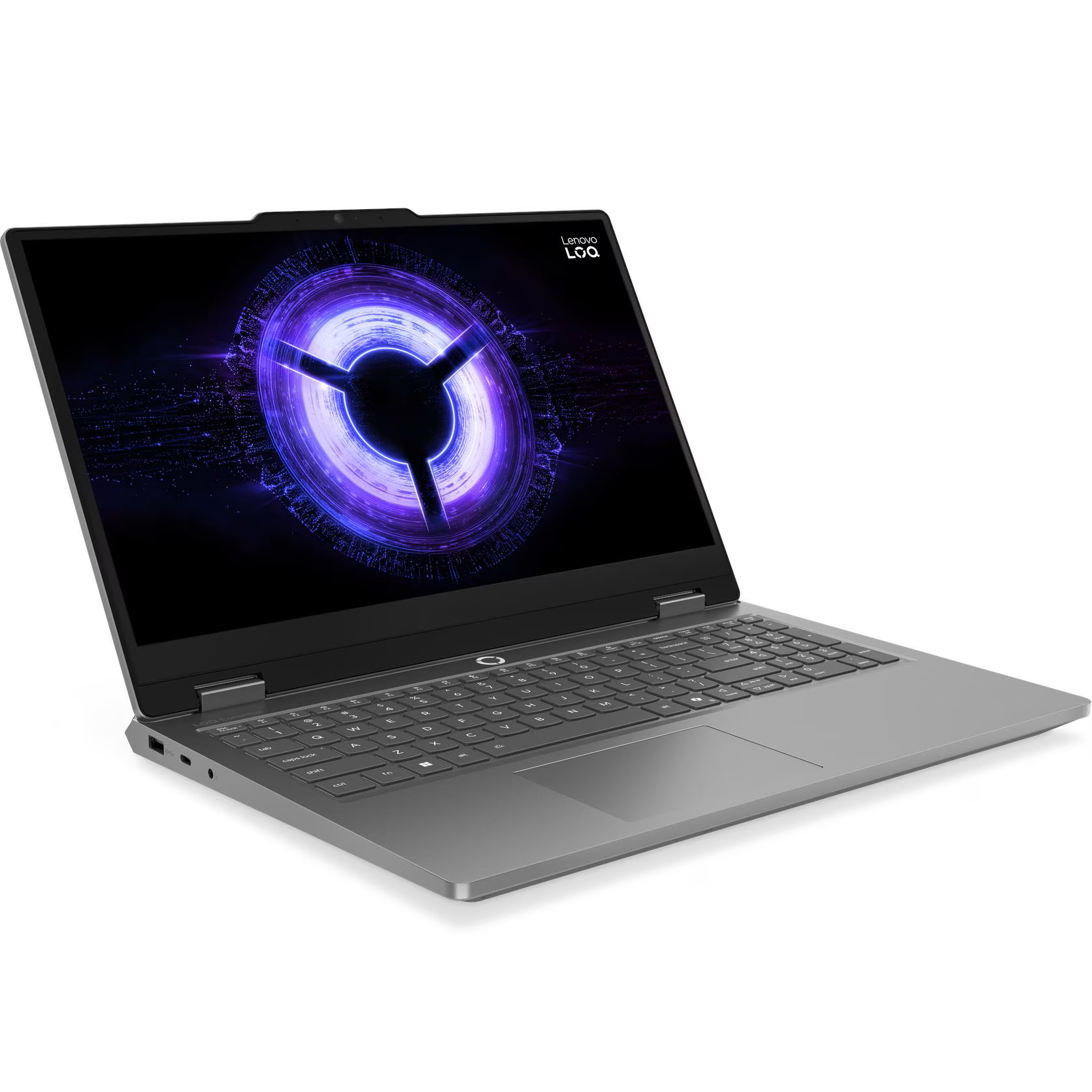 Front-right angled view of the open Lenovo LOQ 15IRX11 laptop showcasing its sleek grey chassis design and narrow display bezels.