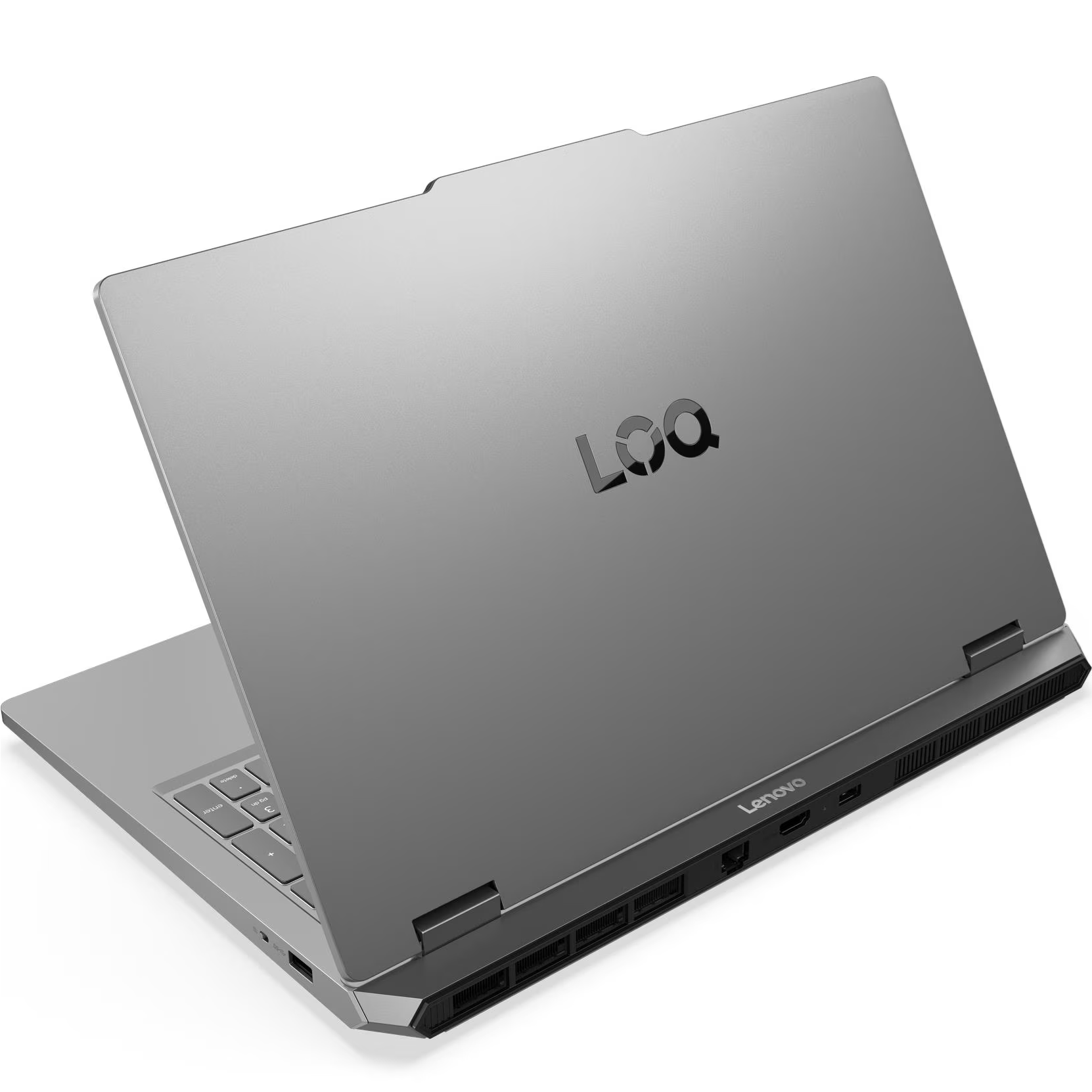 Rear-angled view of the closed grey Lenovo LOQ 15IRX11 gaming laptop featuring the prominent 'LOQ' logo on the lid, rear cooling vents, and I/O ports.