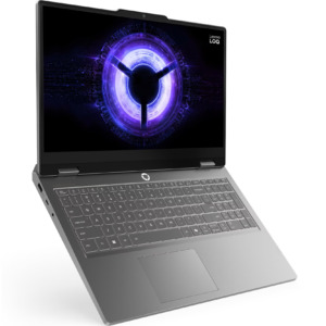 Angled perspective view of the open grey Lenovo LOQ 15IRX11 gaming laptop displaying its 15.6-inch display with abstract purple wallpaper, full-sized keyboard, and trackpad.