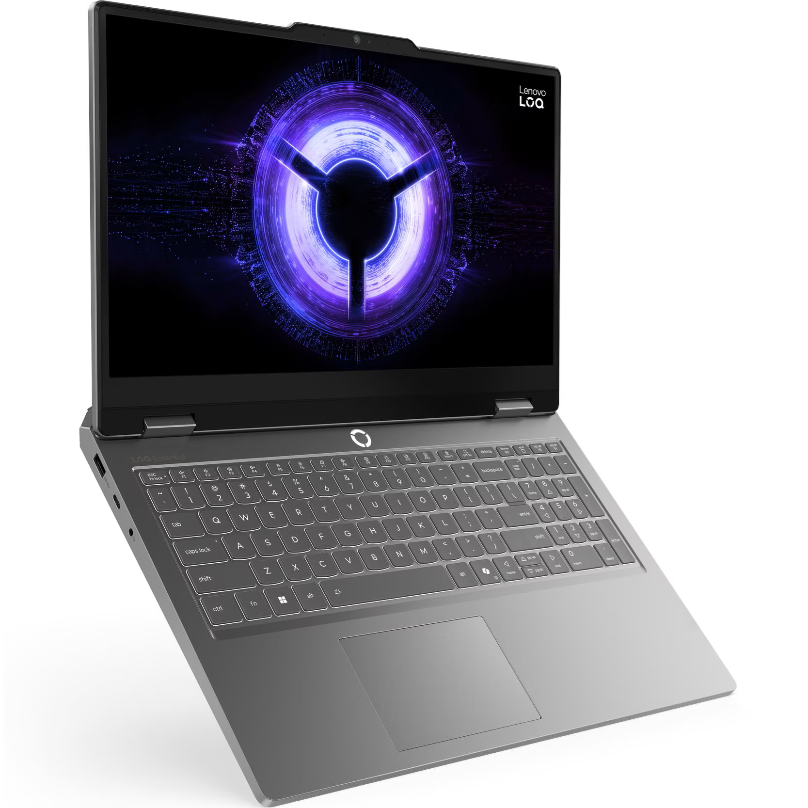 Angled perspective view of the open grey Lenovo LOQ 15IRX11 gaming laptop displaying its 15.6-inch display with abstract purple wallpaper, full-sized keyboard, and trackpad.