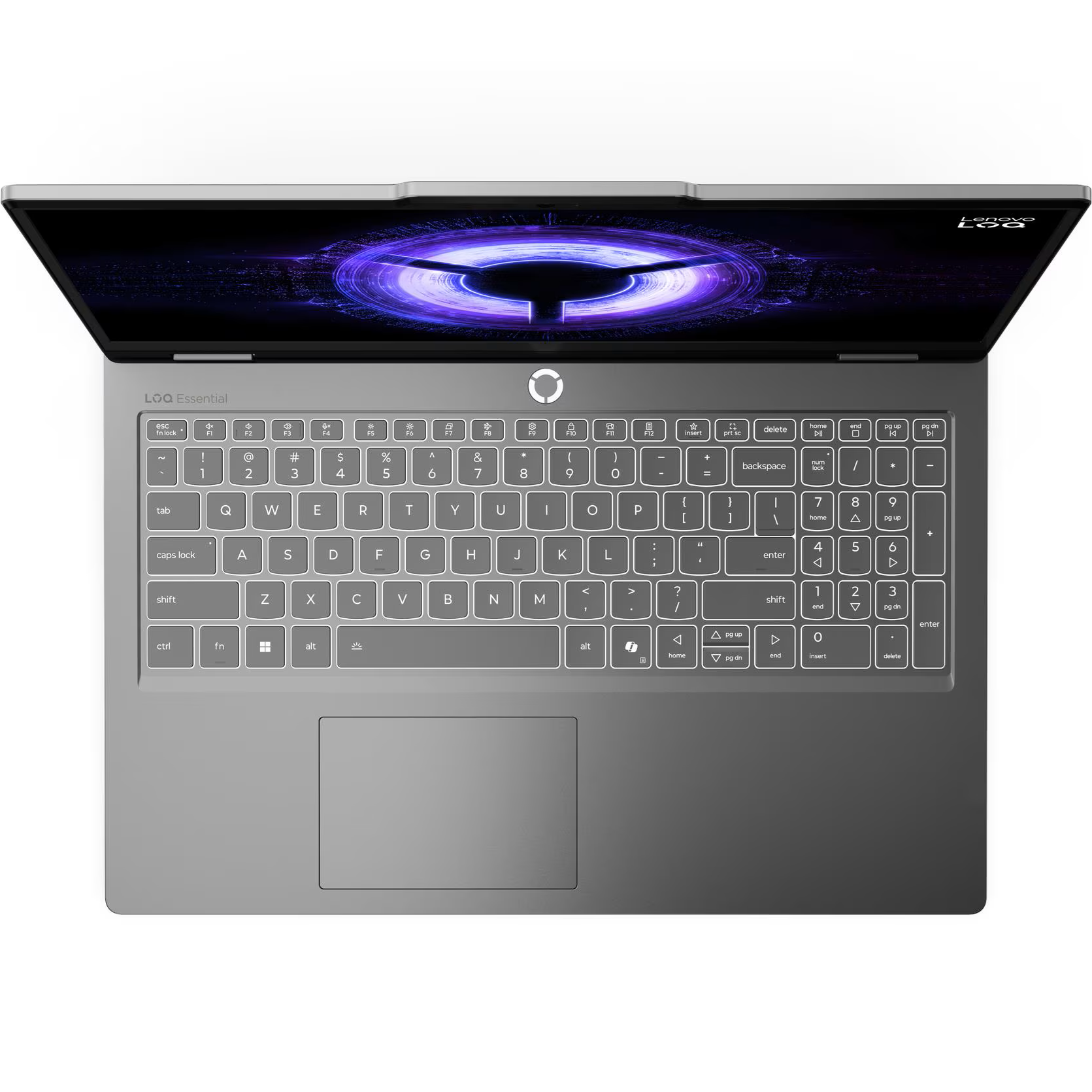 Direct top-down view of the open Lenovo LOQ 15IRX11 gaming laptop showing the full keyboard layout with a numeric keypad and centered touchpad.