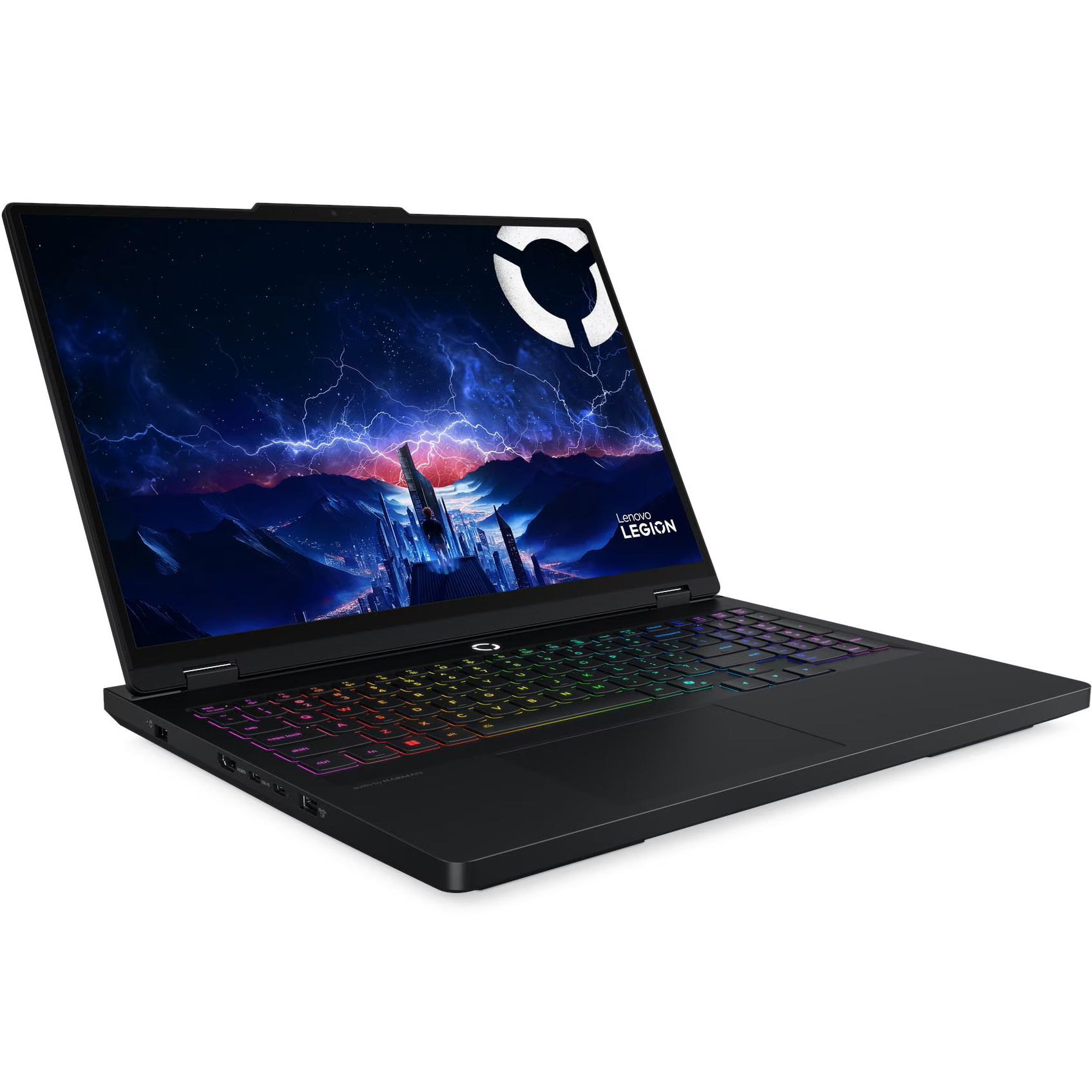 Angled front-left perspective view of the open black Lenovo Legion Pro 5i 16IAX10H gaming laptop highlighting its 16-inch high-refresh display, per-key RGB illuminated keyboard, side-facing connectivity ports, and slim screen bezels with webcam notch.