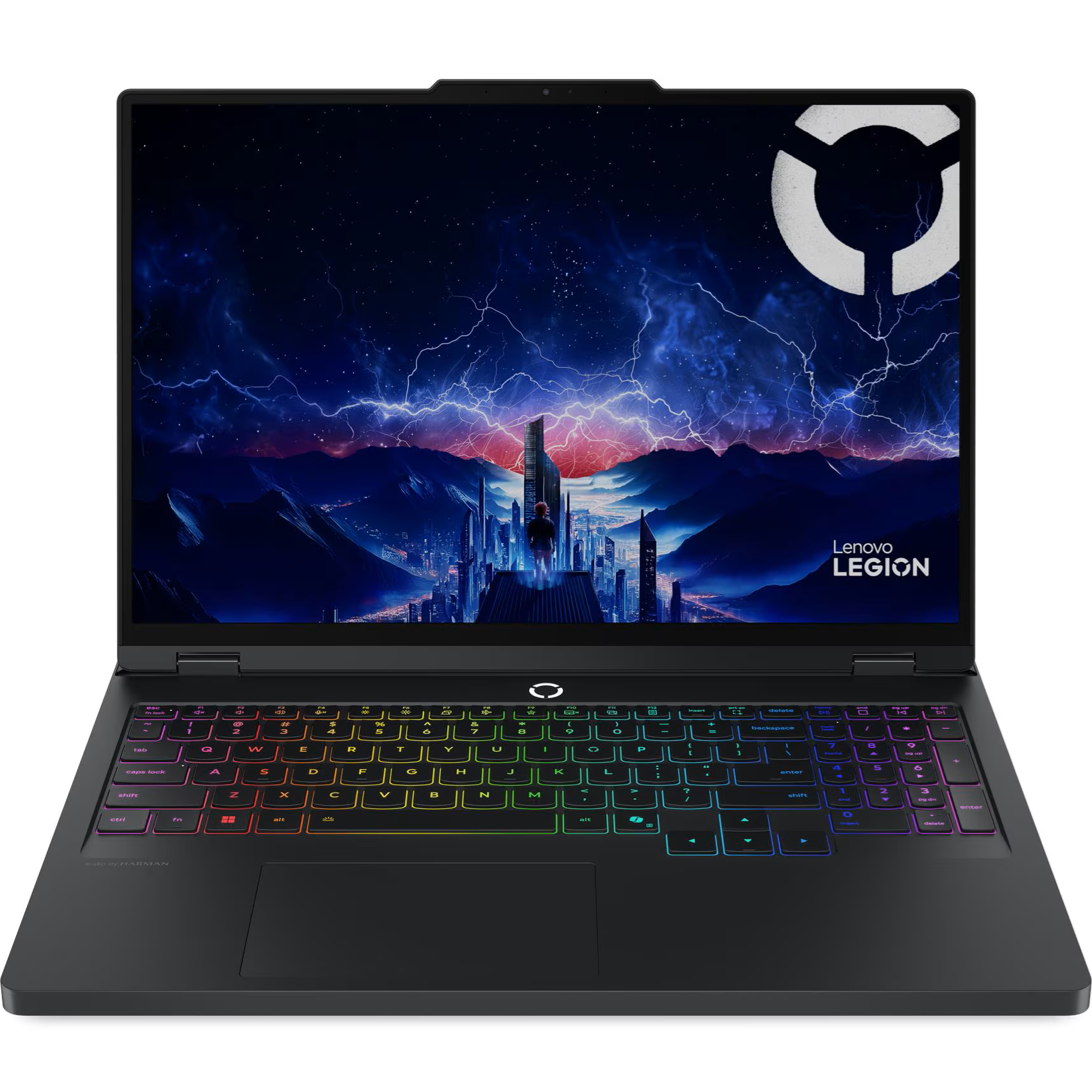 Direct front-facing view of the open black Lenovo Legion Pro 5i 16IAX10H gaming laptop displaying its 16-inch 240Hz WQXGA OLED screen with vivid wallpaper graphics, thin side bezels, illuminated power symbol, per-key RGB keyboard deck, and spacious trackpad.