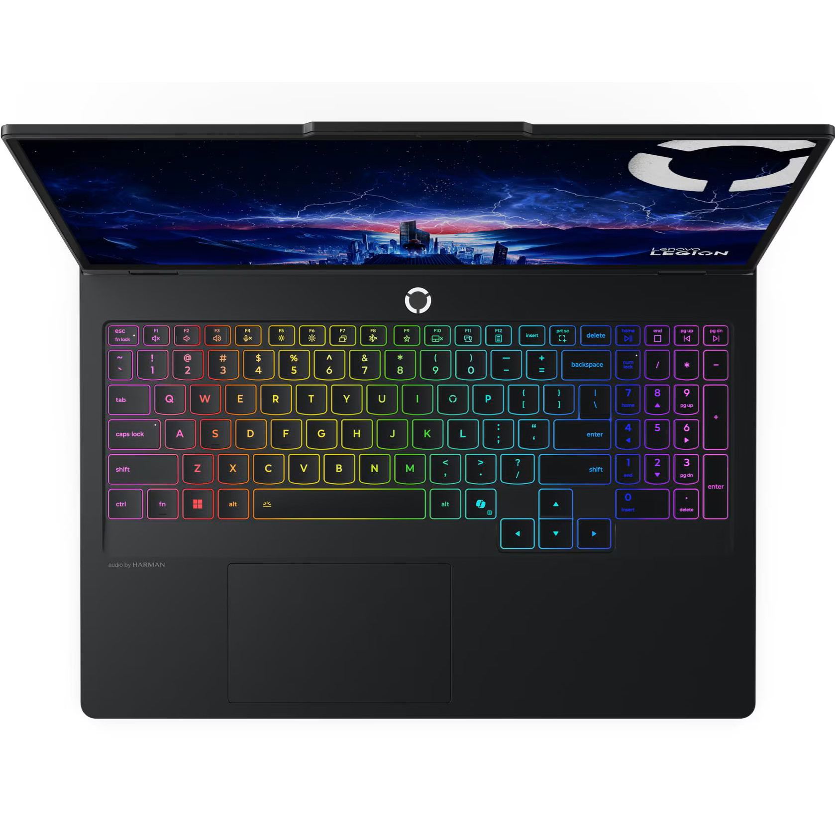 Top-down view of the open eclipse black Lenovo Legion Pro 5i 16IAX10H gaming laptop showcasing its 16-inch WQXGA OLED display, customizable per-key RGB backlit keyboard deck with full number pad, smooth touchpad, and circular illuminated power button.