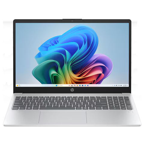 Alternative high-resolution front-right angled view of the open glacier silver HP OmniBook 15Z-fn000 highlighting the thin bezel display, trackpad placement, and chiclet-style keyboard layout.