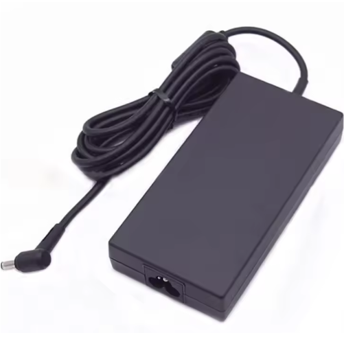 Angled view of the Chicony 150W power adapter showing the AC input socket (C5/cloverleaf port) on the end of the black brick alongside the neatly coiled output cable.