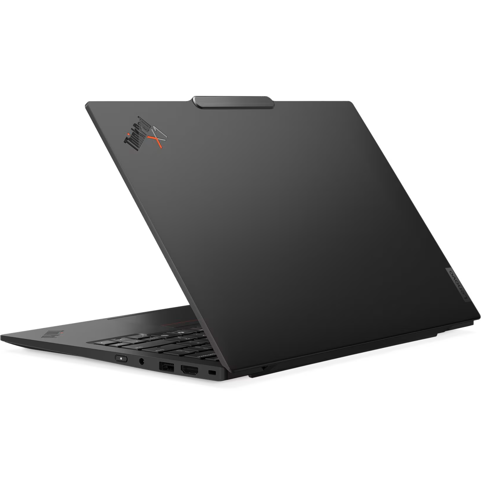 Rear-right angled view of the open Lenovo ThinkPad X1 Carbon Gen 13 AURA Edition highlighting the matte black lid with the ThinkPad X1 logo, top Communications Bar notch, and Lenovo corner badge.