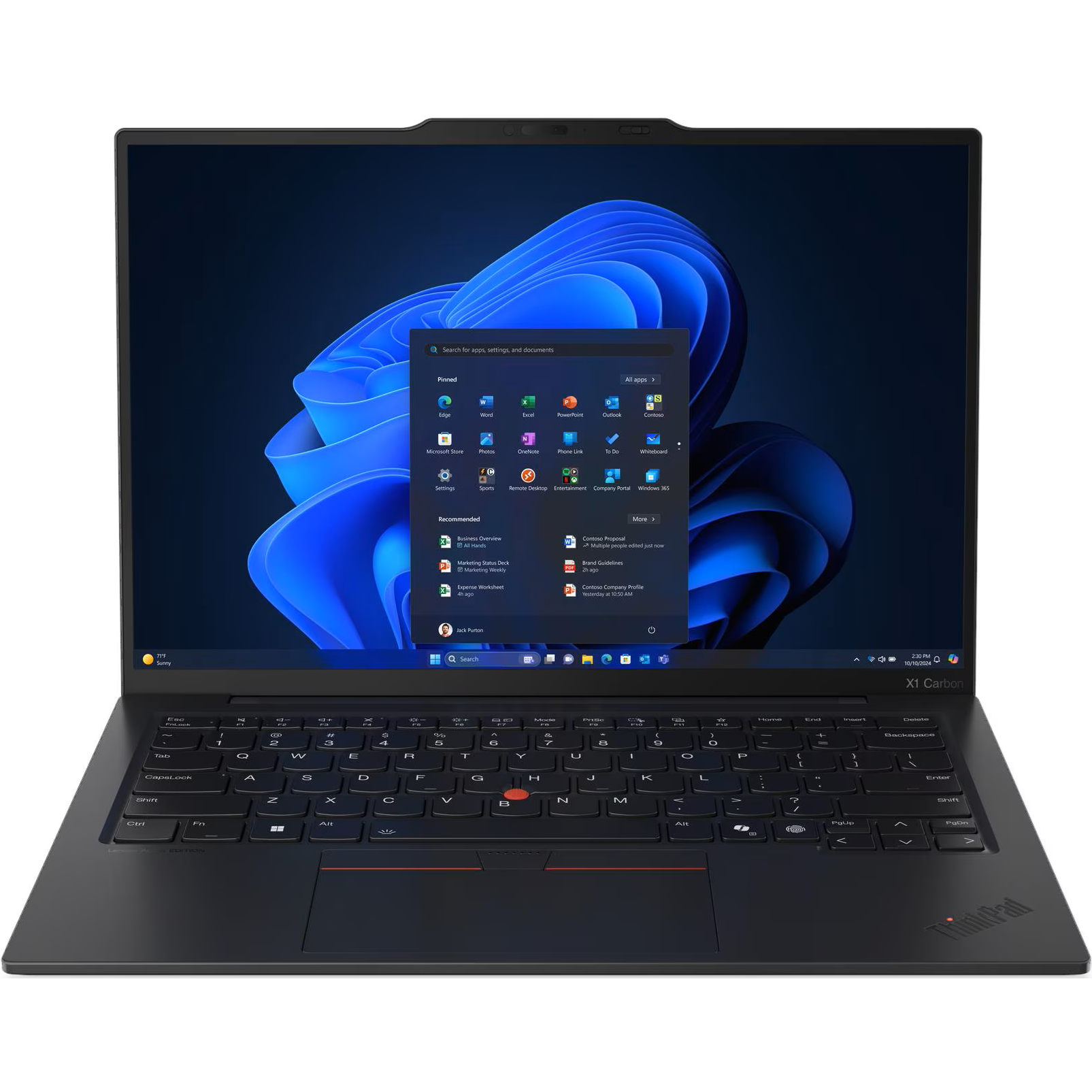 Direct front-facing view of the open Lenovo ThinkPad X1 Carbon Gen 13 AURA Edition displaying Windows 11 on its 14-inch OLED panel, framed by narrow bezels and featuring the classic ThinkPad keyboard with TrackPoint.