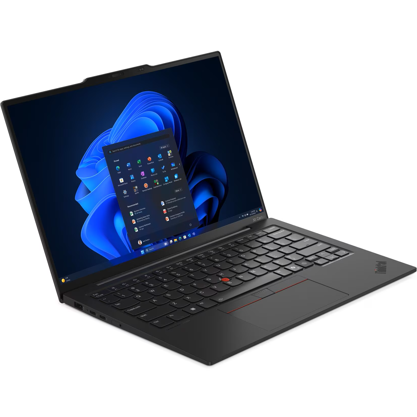 Front-left angled view of the open ThinkPad X1 Carbon Gen 13 AURA Edition showcasing its slim carbon-fiber chassis, classic TrackPoint keyboard, touchpad, and 14-inch 2.8K 120Hz OLED screen displaying the Windows 11 Start menu.