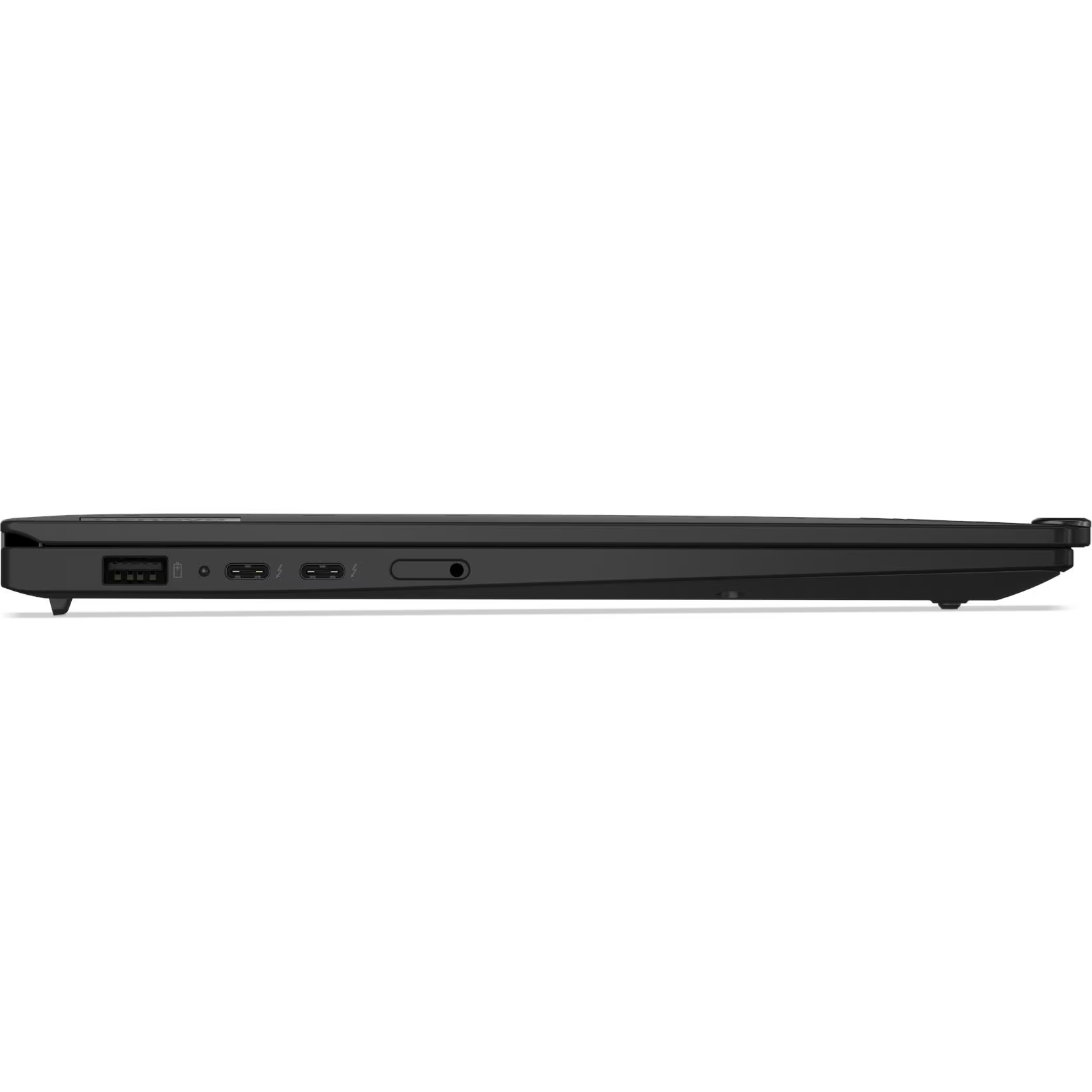 Side profile view of the left side of the black Lenovo ThinkPad X1 Carbon Gen 13 AURA Edition showing a USB Type-A port, two Thunderbolt/USB Type-C ports, and a SIM card tray.