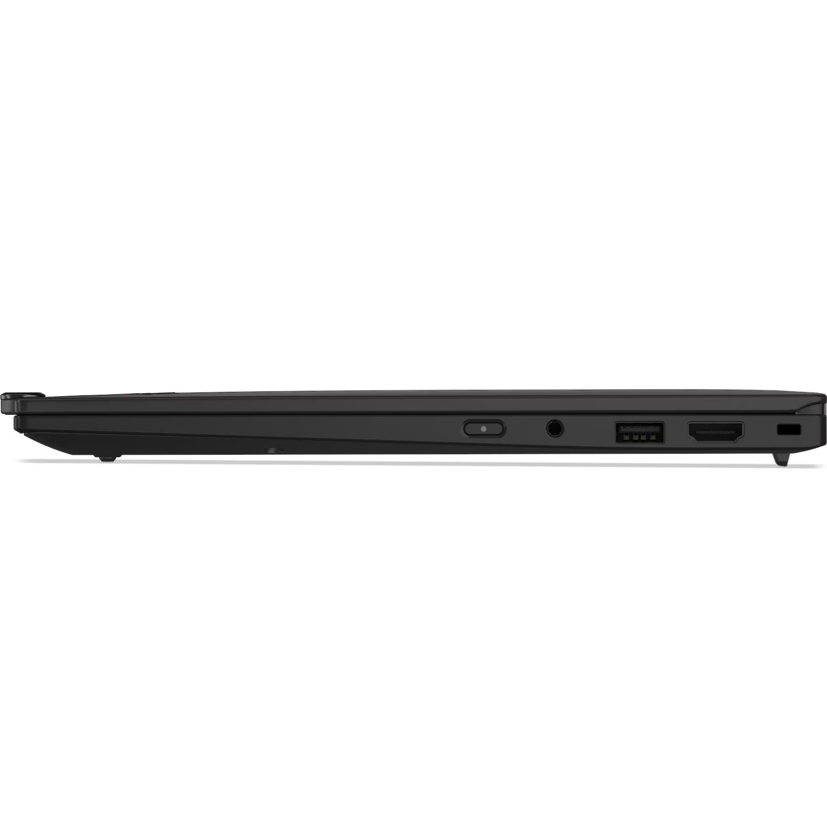 Side profile view of the right side of the ultra-slim black Lenovo ThinkPad X1 Carbon Gen 13 AURA Edition showing its power button, 3.5mm audio combo jack, USB Type-A port, HDMI output, and Kensington lock slot.