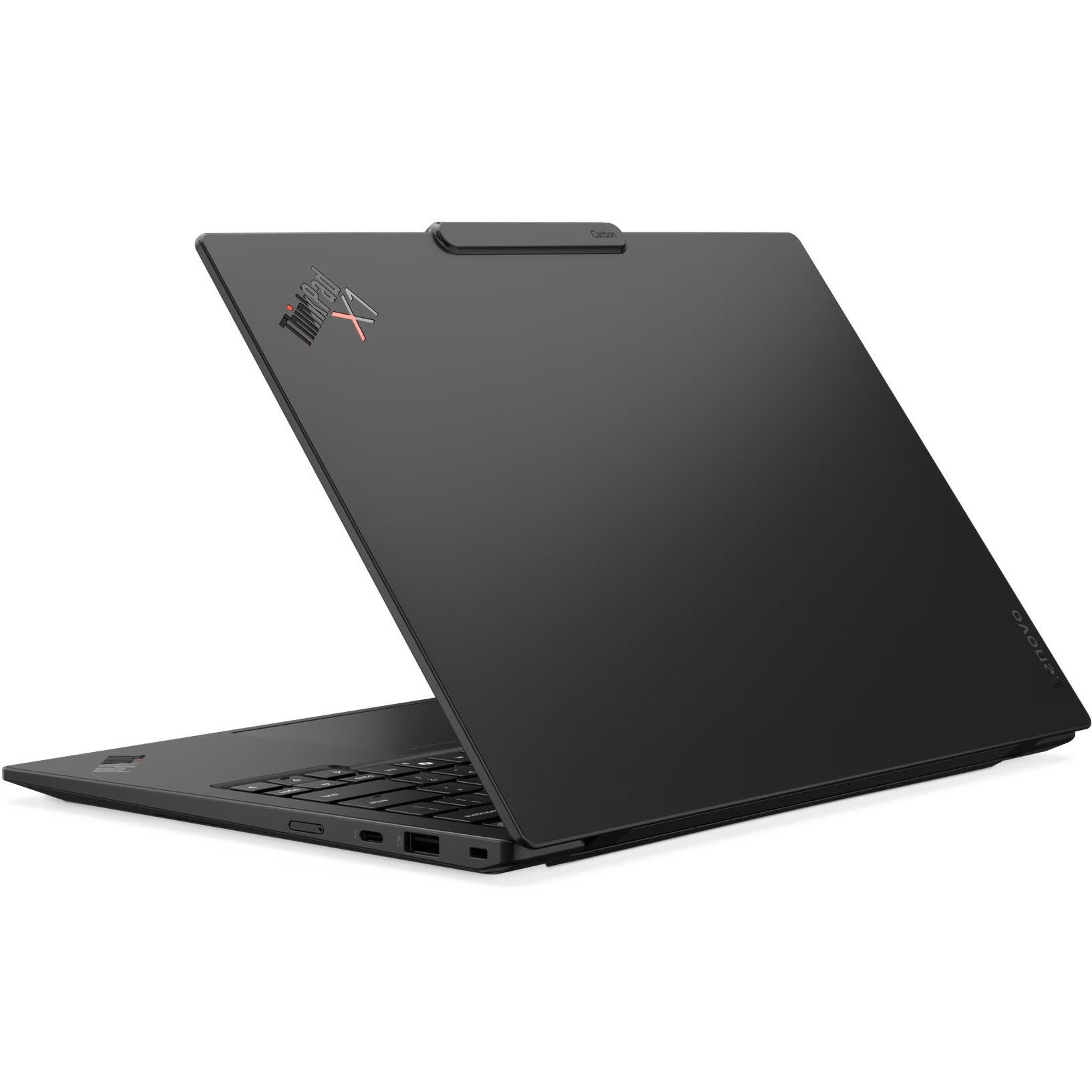 Rear-right angled view of the open Lenovo ThinkPad X1 Carbon Gen 14 AURA Edition highlighting the matte black lid with the ThinkPad X1 badge, top Communications Bar notch, and Lenovo corner tag.