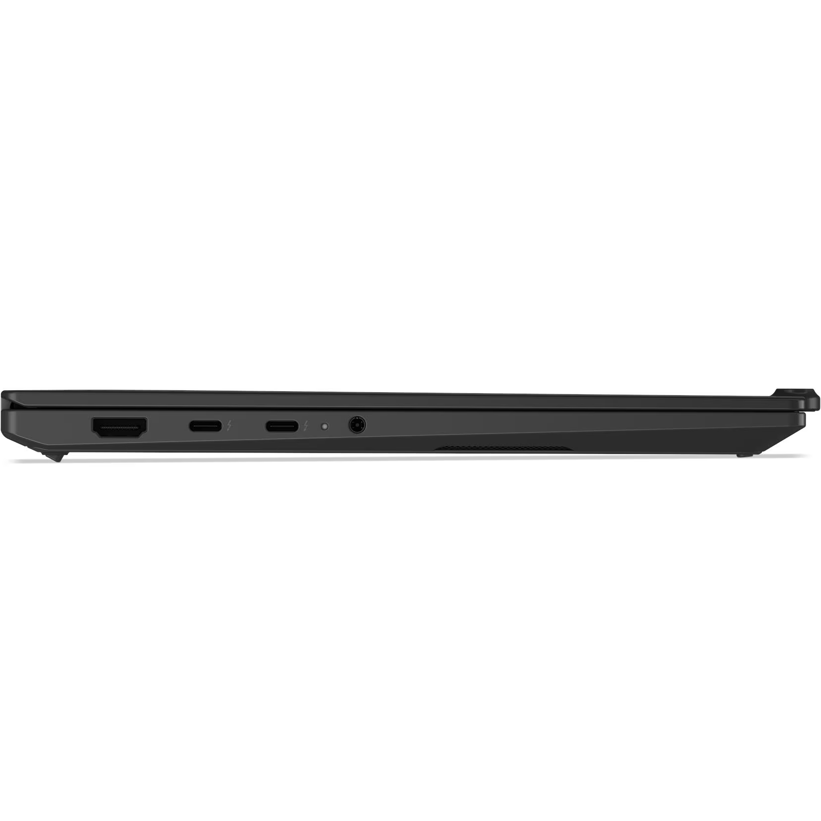 Side profile view of the left side of the black Lenovo ThinkPad X1 Carbon Gen 14 AURA Edition showing an HDMI output, two Thunderbolt/USB Type-C ports, and a 3.5mm audio combo jack.