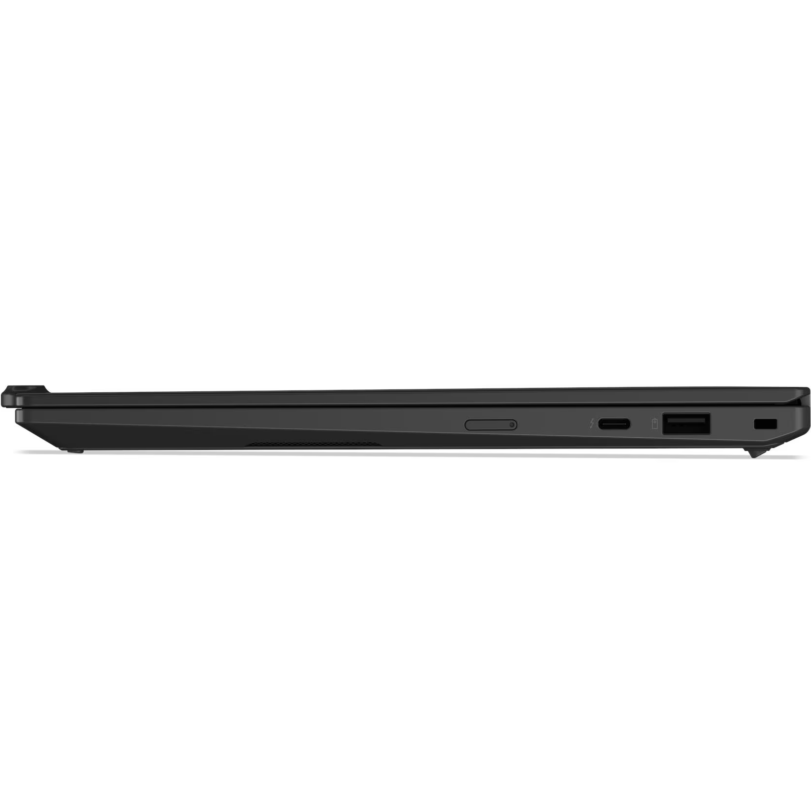 Side profile view of the right side of the ultra-thin black Lenovo ThinkPad X1 Carbon Gen 14 AURA Edition showing its power/SIM tray, USB Type-C port, USB Type-A port, and Kensington lock slot.