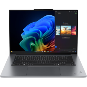 Direct front-facing view of the open Lenovo ThinkPad X9-15 Gen 1 AURA Edition displaying Windows 11 and Microsoft Copilot on its 15.3-inch OLED panel, framed by narrow bezels and paired with a sleek keyboard deck.