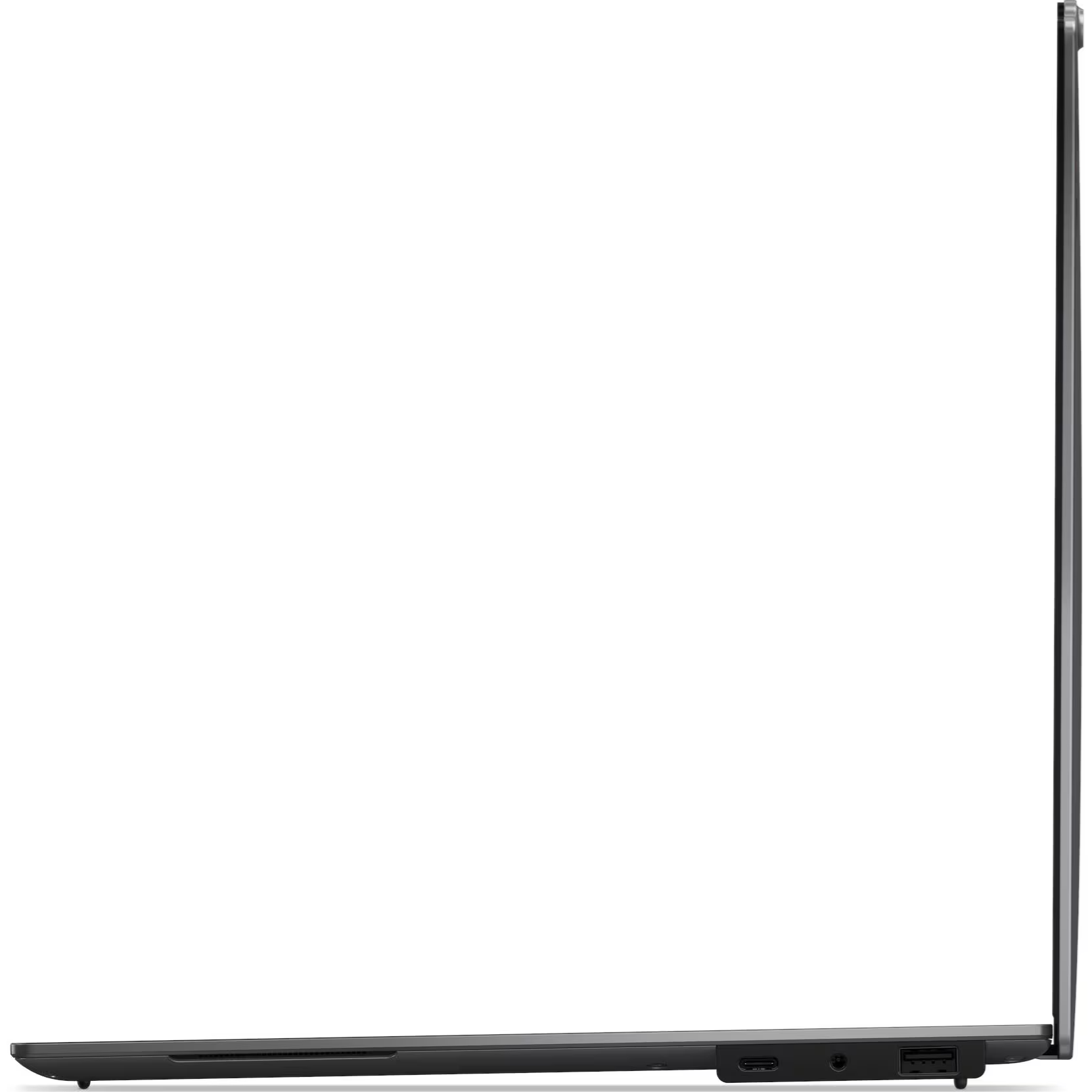 Side profile view of the right side of the ultra-thin graphite grey Lenovo ThinkPad X9-15 Gen 1 AURA Edition showing its USB Type-C port, 3.5mm audio combo jack, and USB Type-A port.