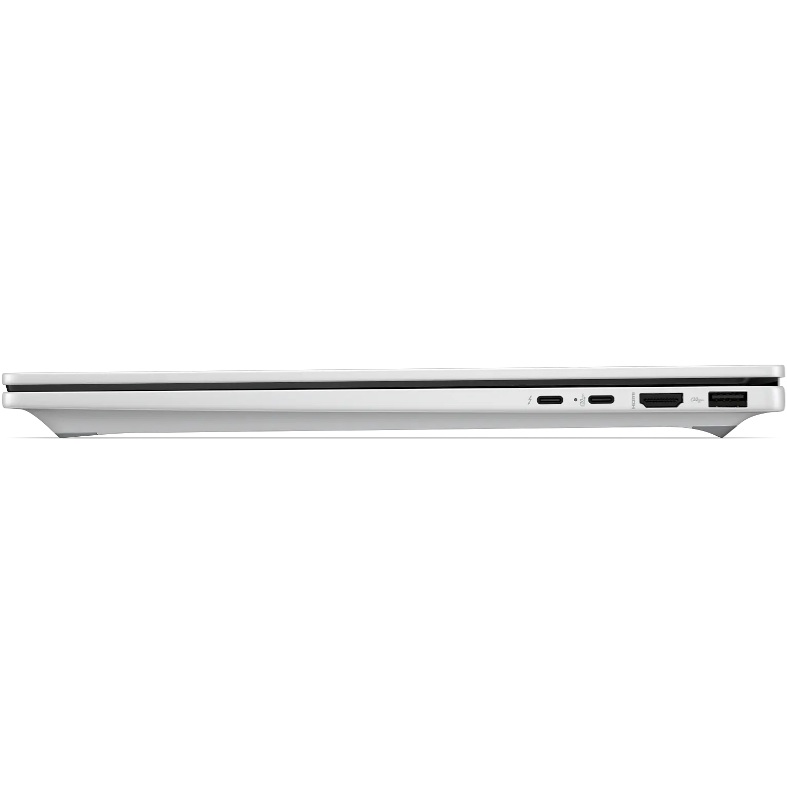 Left profile view of the HP OmniBook 7 x360, displaying the sleek wedge chassis and I/O ports including two USB Type-C ports, an HDMI port, and a USB Type-A port.